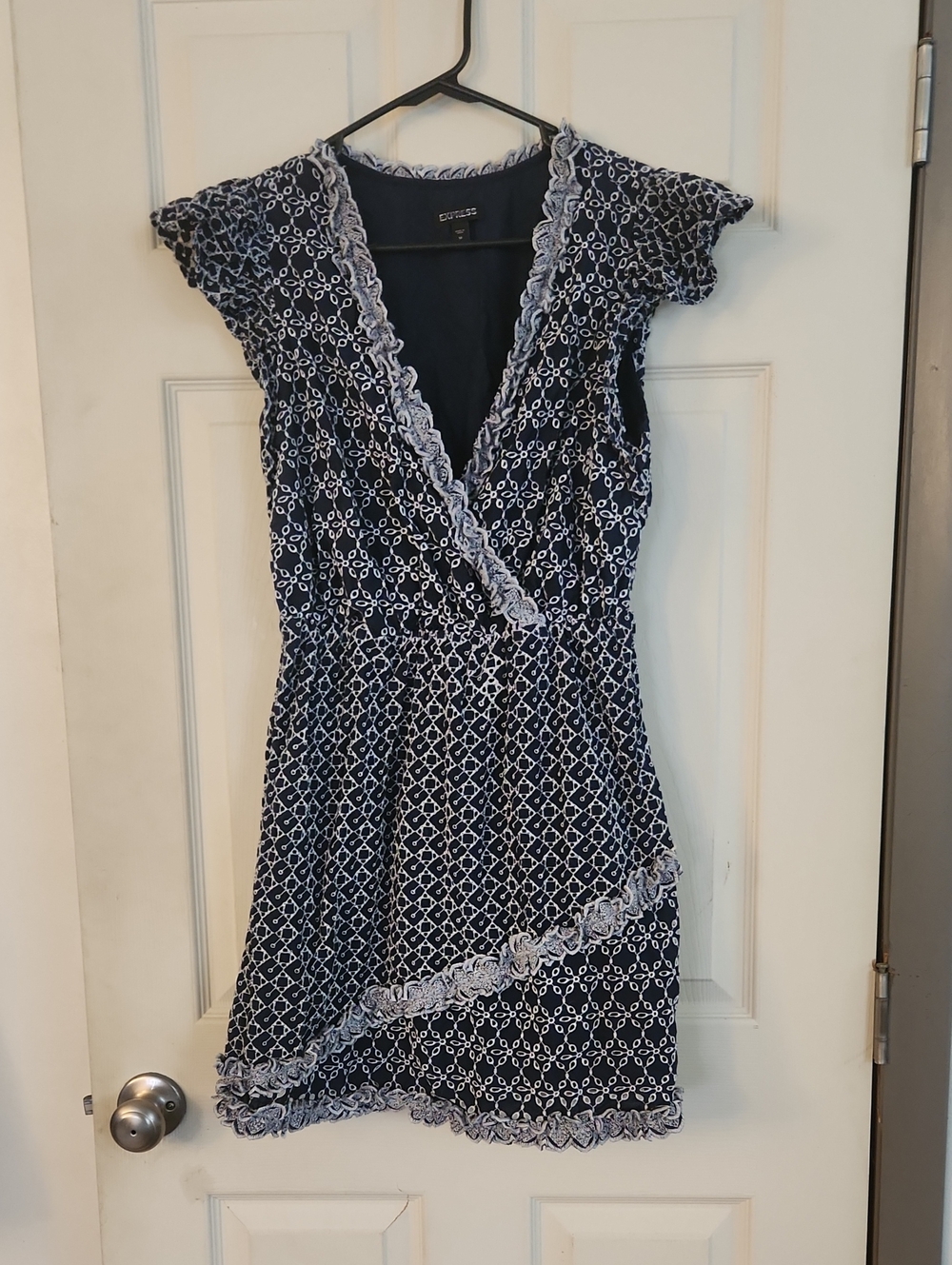 Express Navy and White Printed Wrap Mini Dress